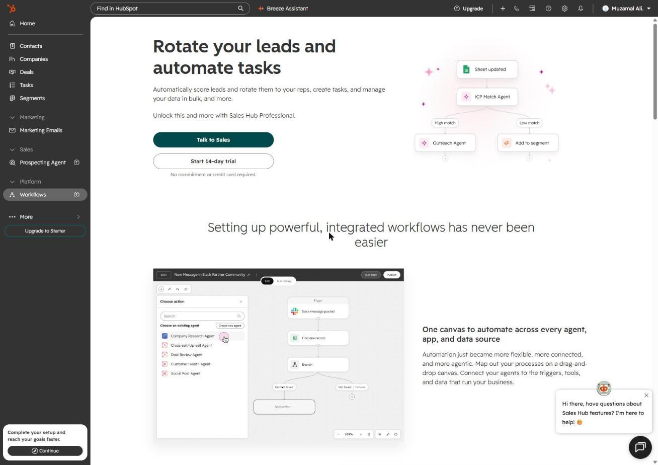 Workflows automation page showing it is fully locked behind a Sales Hub Professional upgrade