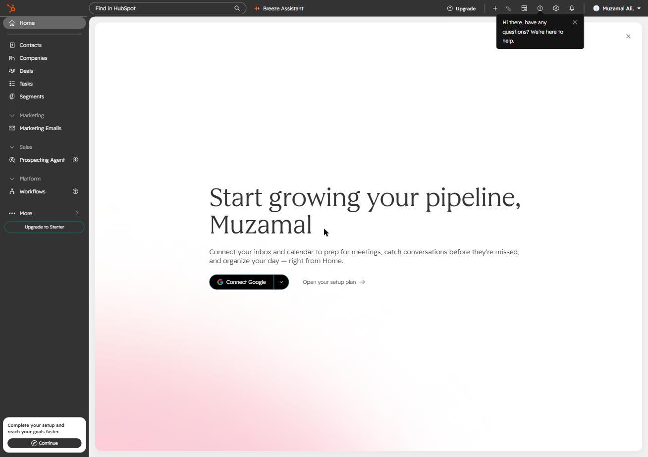 HubSpot dashboard after signup, showing the Home screen with a Connect Google prompt