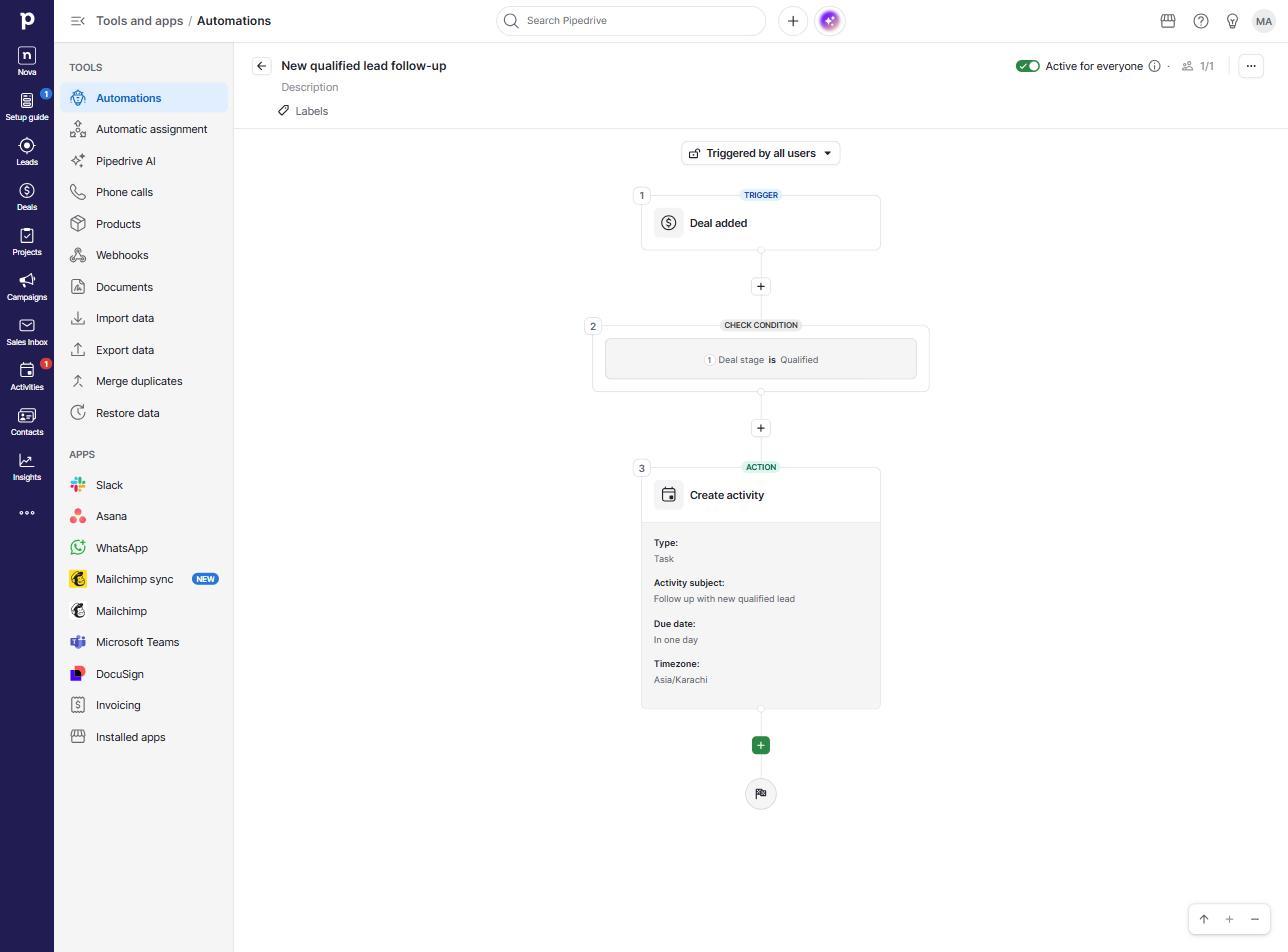 Pipedrive automation builder showing a visual flow with a condition check and a create-activity action